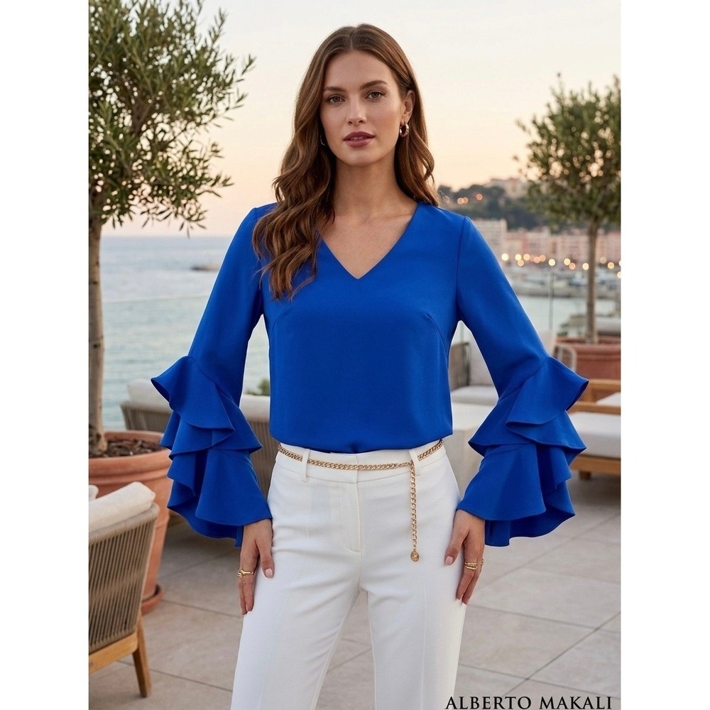 Alberto Makali Royal Blue V-Neck Ruffle Tiered Bell Sleeve Blouse Top Medium
